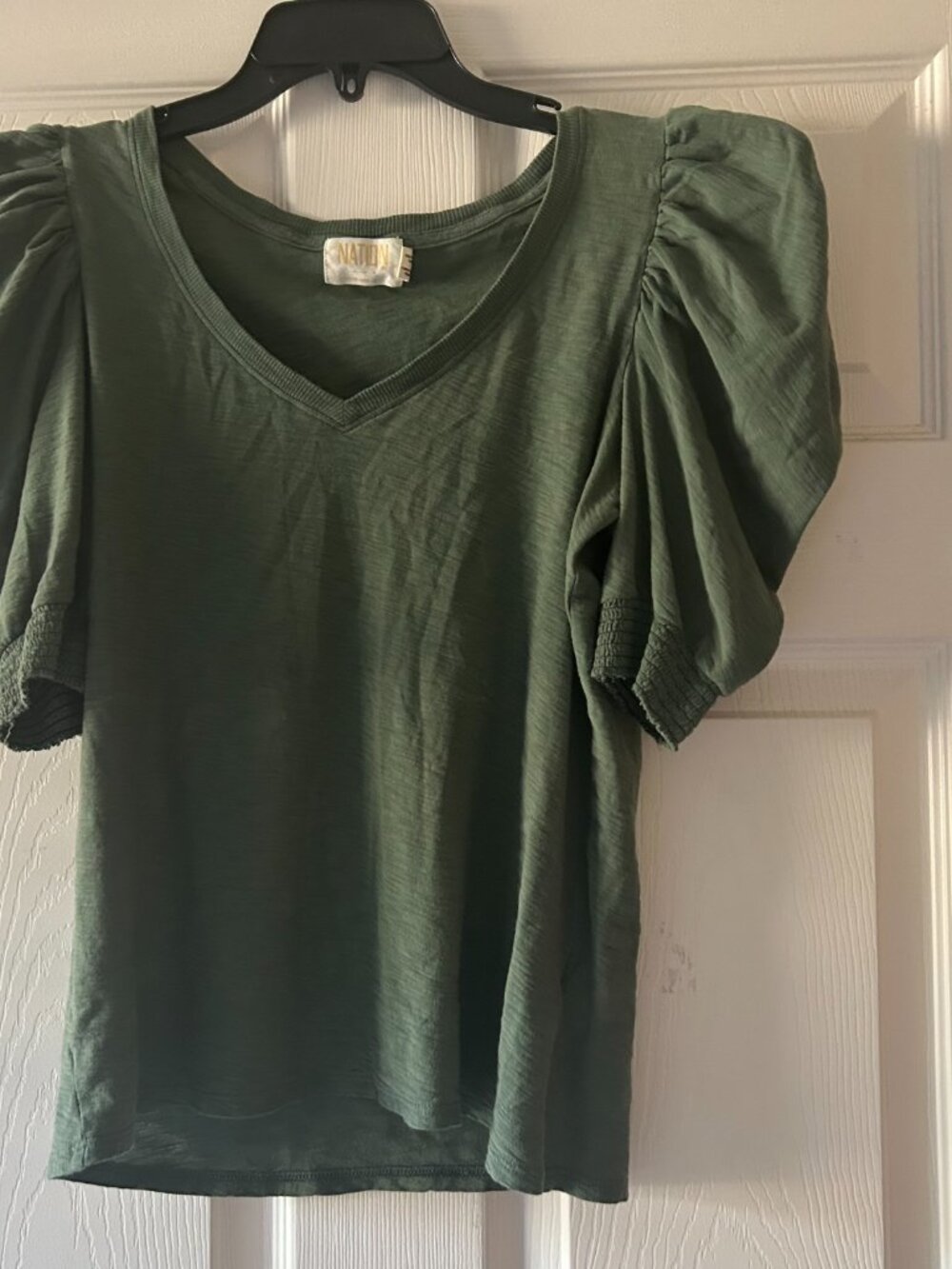 Nation LTD Celine Puff Sleeve Smocked Tee Pine Green Pima Cotton Size Small - Picture 5 of 14